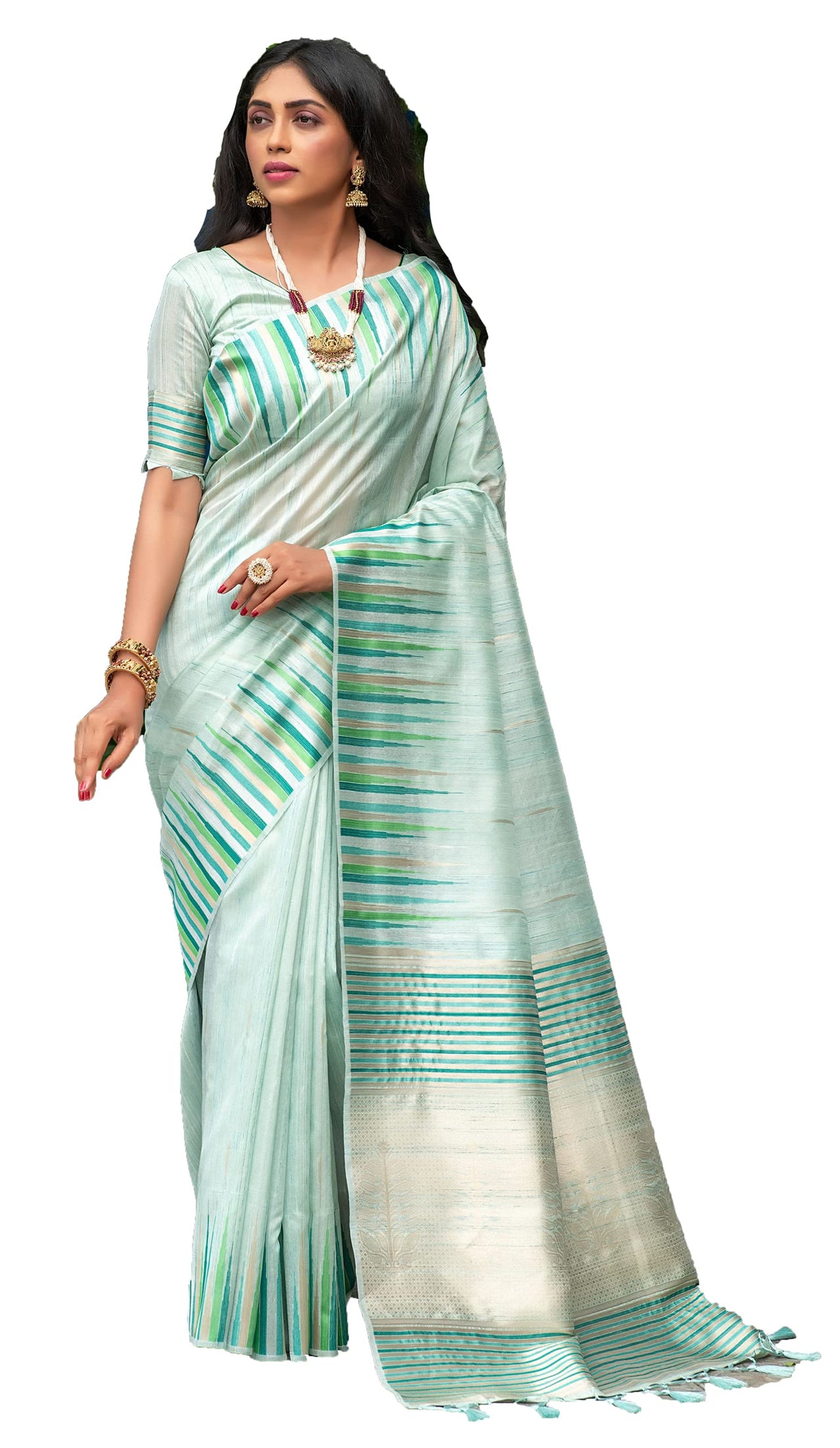 NK Textiles Women's  Ikat Woven Tussar Silk Saree with Tassels