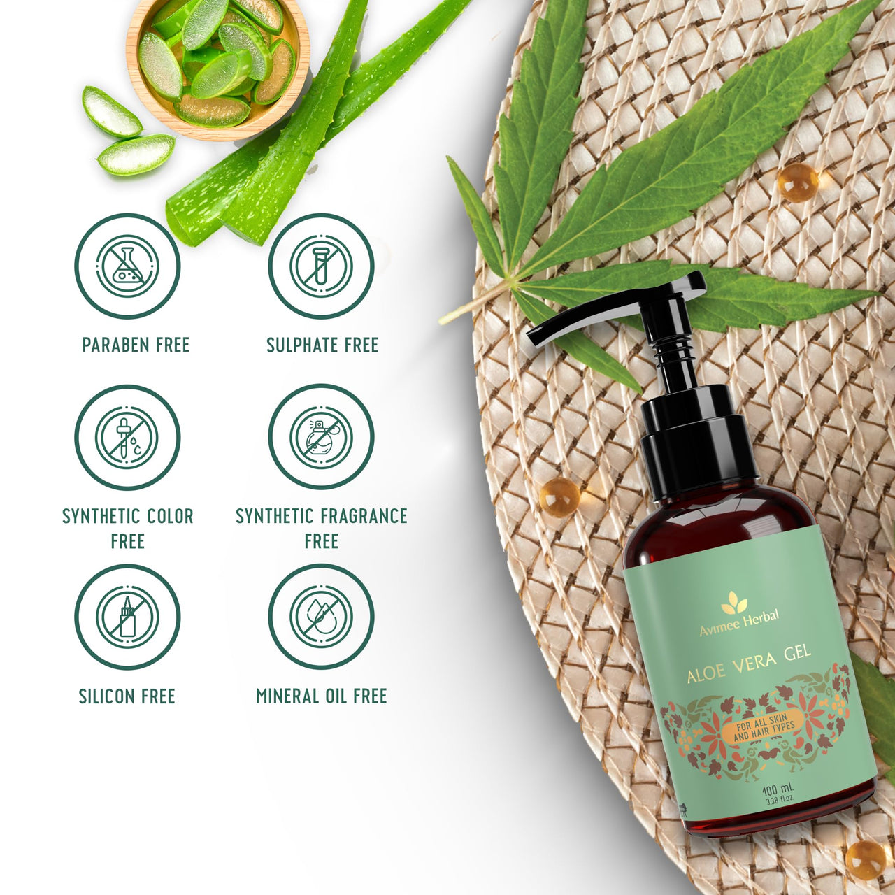 Avimee Herbal Pure Aloe Vera Gel for Skin and Hair - 100 ml | Hydrates, Moisturizes & Soothes Irritated Skin | Vitamin E & Natural Emollients