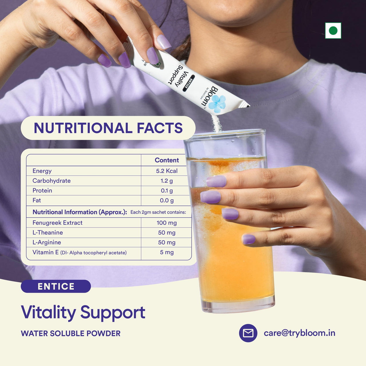 Bloom Vitality Support Water Soluble Powder | 20 Easy Pour Sticks (Pack of 1) | Unique Blend of Fenugreek Extract + L-Arginine | Stress Relief & Relaxation