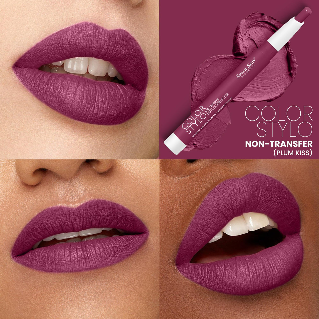 Seven Seas Color Stylo Non Transfer Matte Lipstick | Matte Finish | Waterproof | Long Lasting | Lasts Up to 24 hours (Plum Kiss)