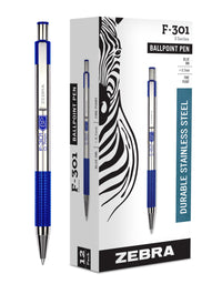 F-301 Retractable Ballpoint Pen, Stainless Steel Barrel, Fine Point, 0.7mm, Blue Ink, 12-Pack