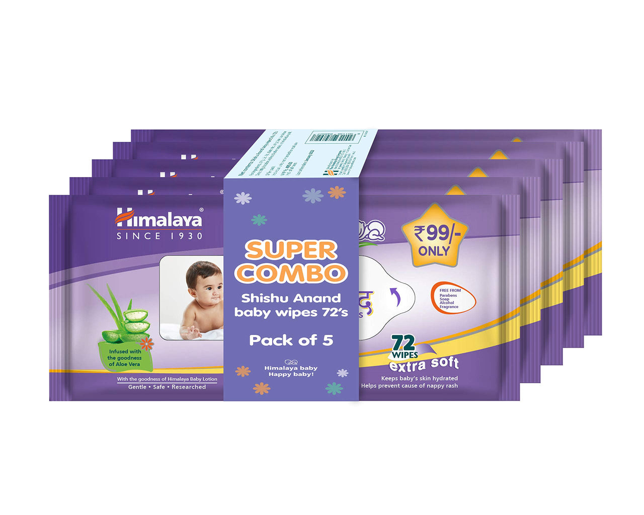 Shishu Anand Baby Wipes with Aloe Vera & Licorice, 72 Wipes (Pack of 5) | pH Balanced | Gentle on Skin | Clinically Tested