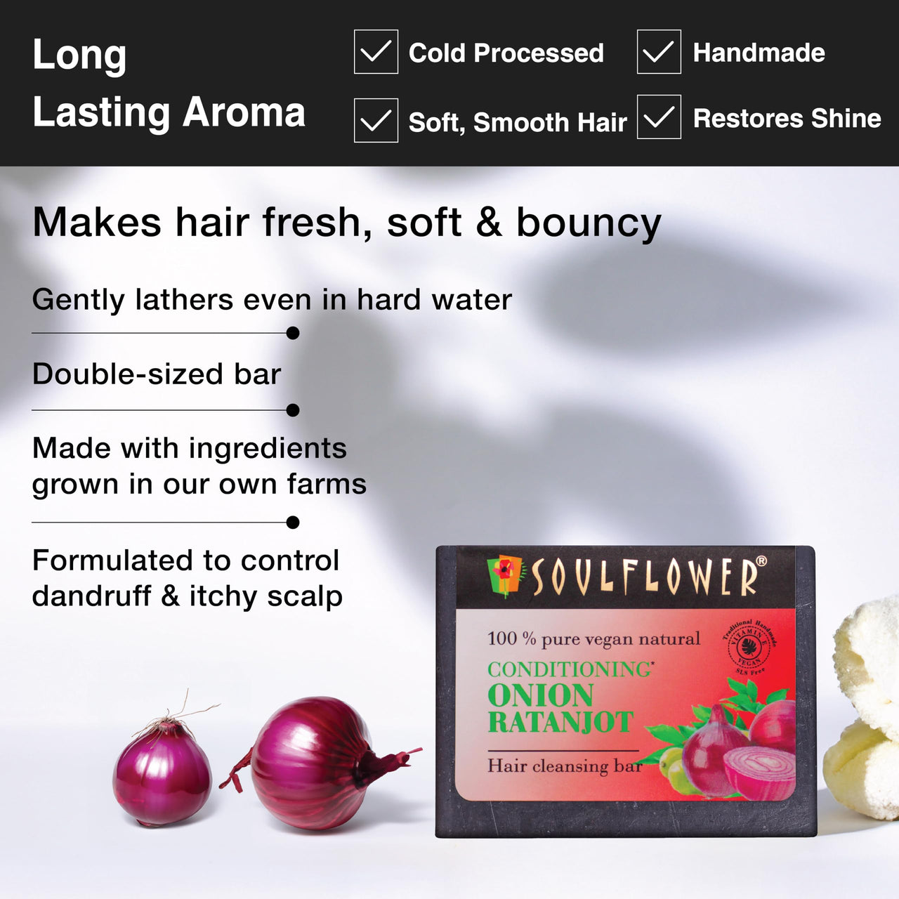 Soulflower Conditioning Onion Ratanjot Soap | Shampoo Bar | Hair Cleansing Bar | Handmade, 100% Pure, Natural & Cold processed Grade 1 BIS Standard Premium & Luxurious Soap, 150g