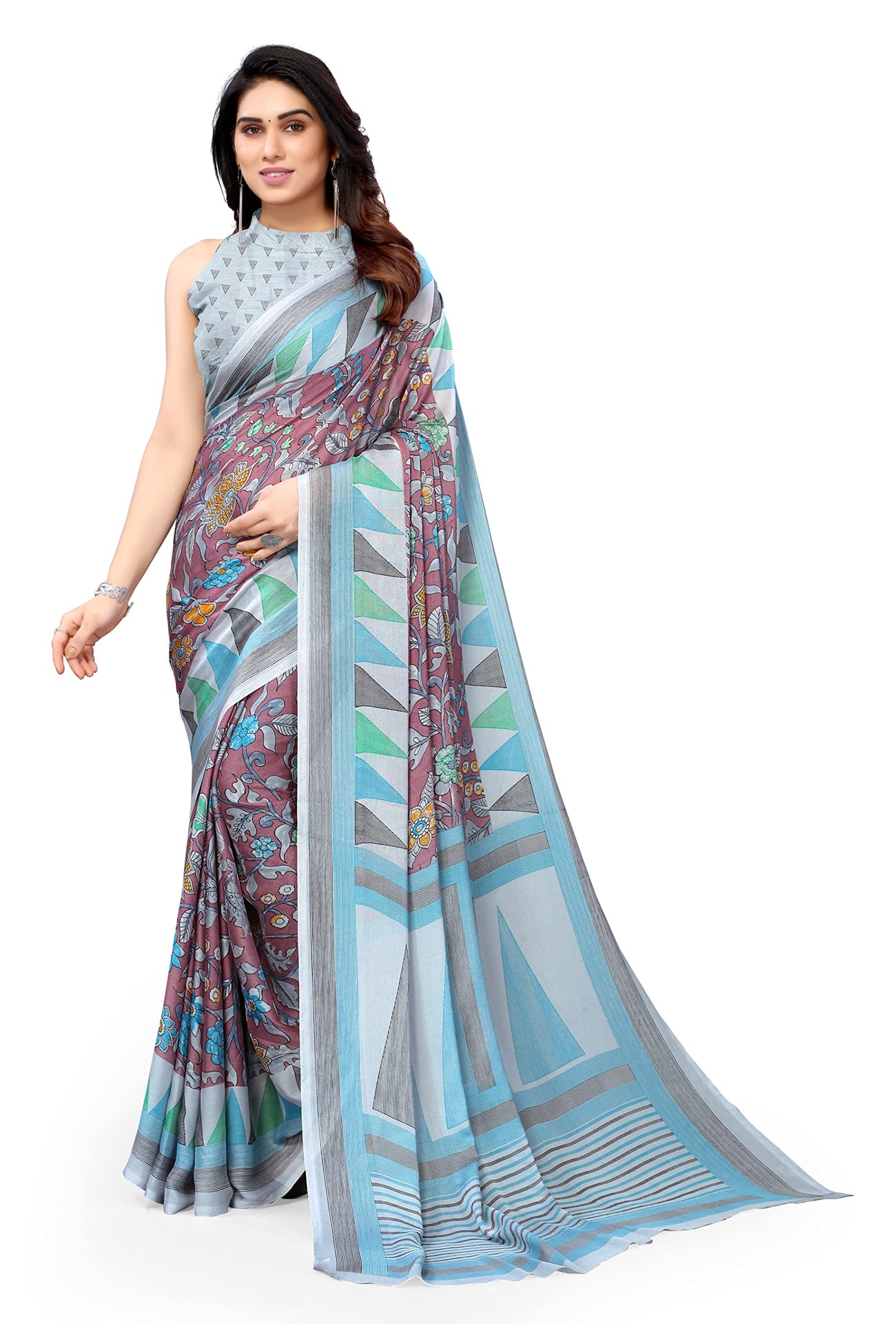 MIRCHI FASHION Women's  Stylish Chiffon Floral and Geometric Printed Saree with Blouse Piece