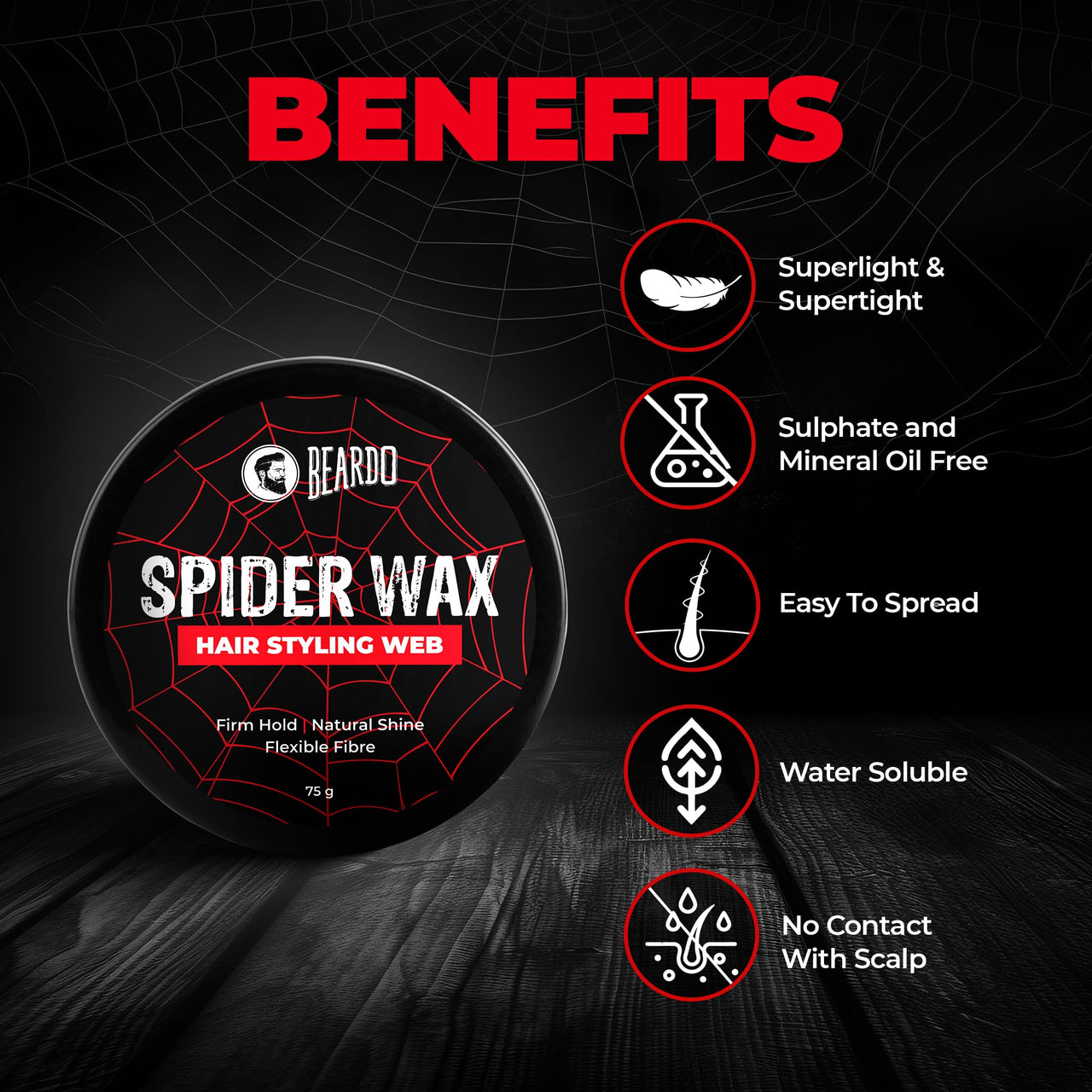 Beardo Spider Wax Hair Styling Web 75g | Web Effect, Texture, Volume, Sculpting, Flexible Hair Wax | Strong Hold, Natural Shine | Long-lasting Hair Fibre