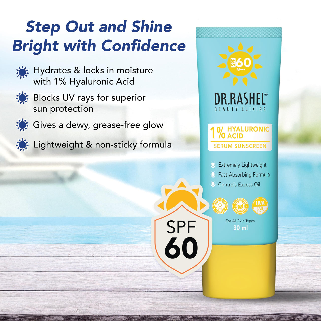 DR.RASHEL Hyaluronic Acid Serum Sunscreen, SPF 60, Lightweight Formula, 30 ml