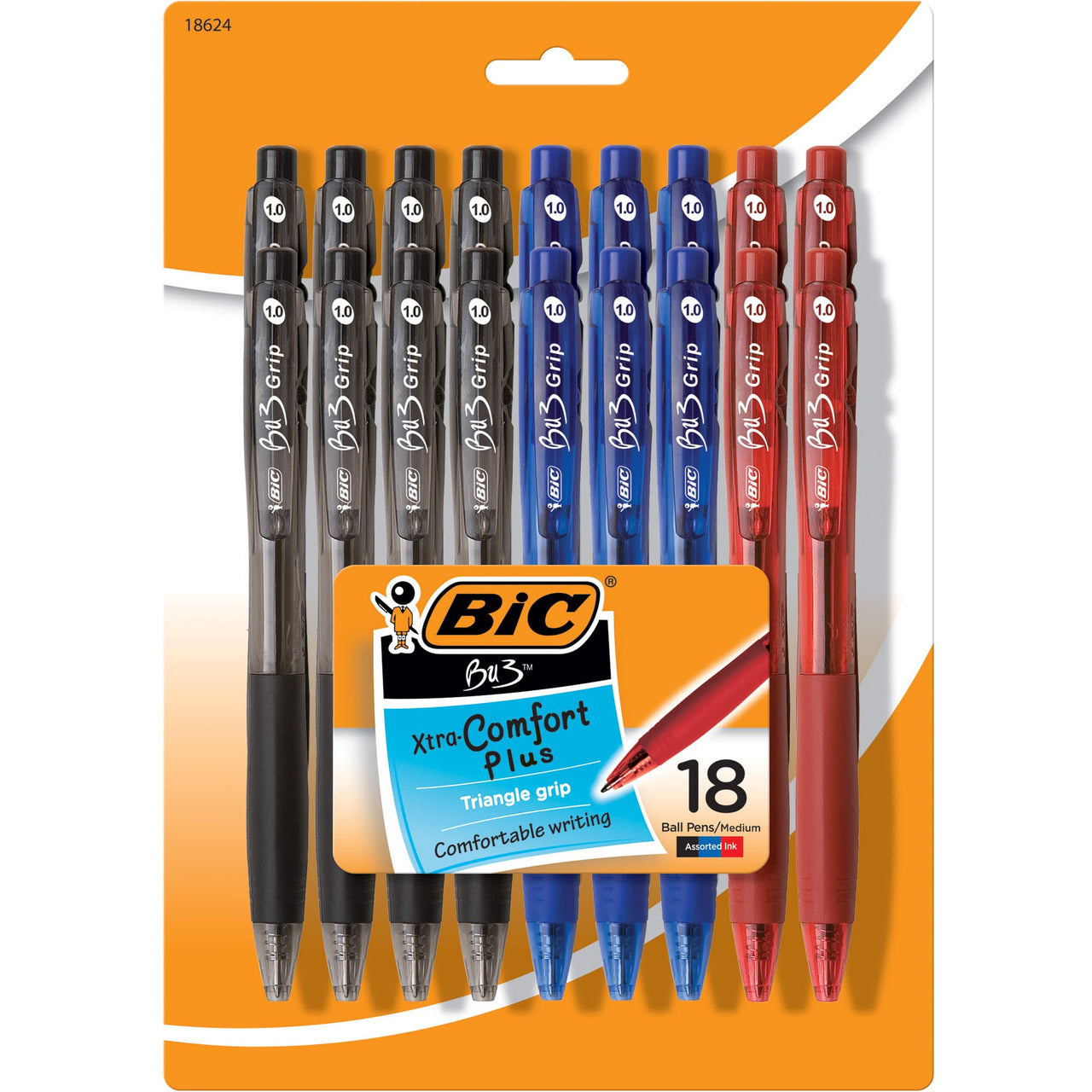 BIC BU3 Grip Retractable Ball Pen, Medium Point (1.0mm), Black, Comfortable Grip for Smooth Writing, 18-Count