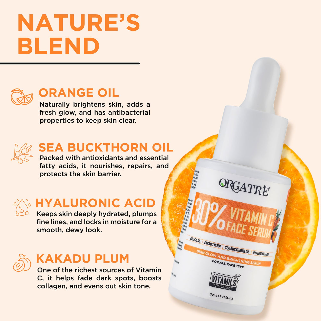 ORGATRE 30% Vitamin C Face Serum 30ml | Reduces Fine Lines & Wrinkles | Prevents Sunburn | Reduces Smoothes Uneven Skin | For Men & Women