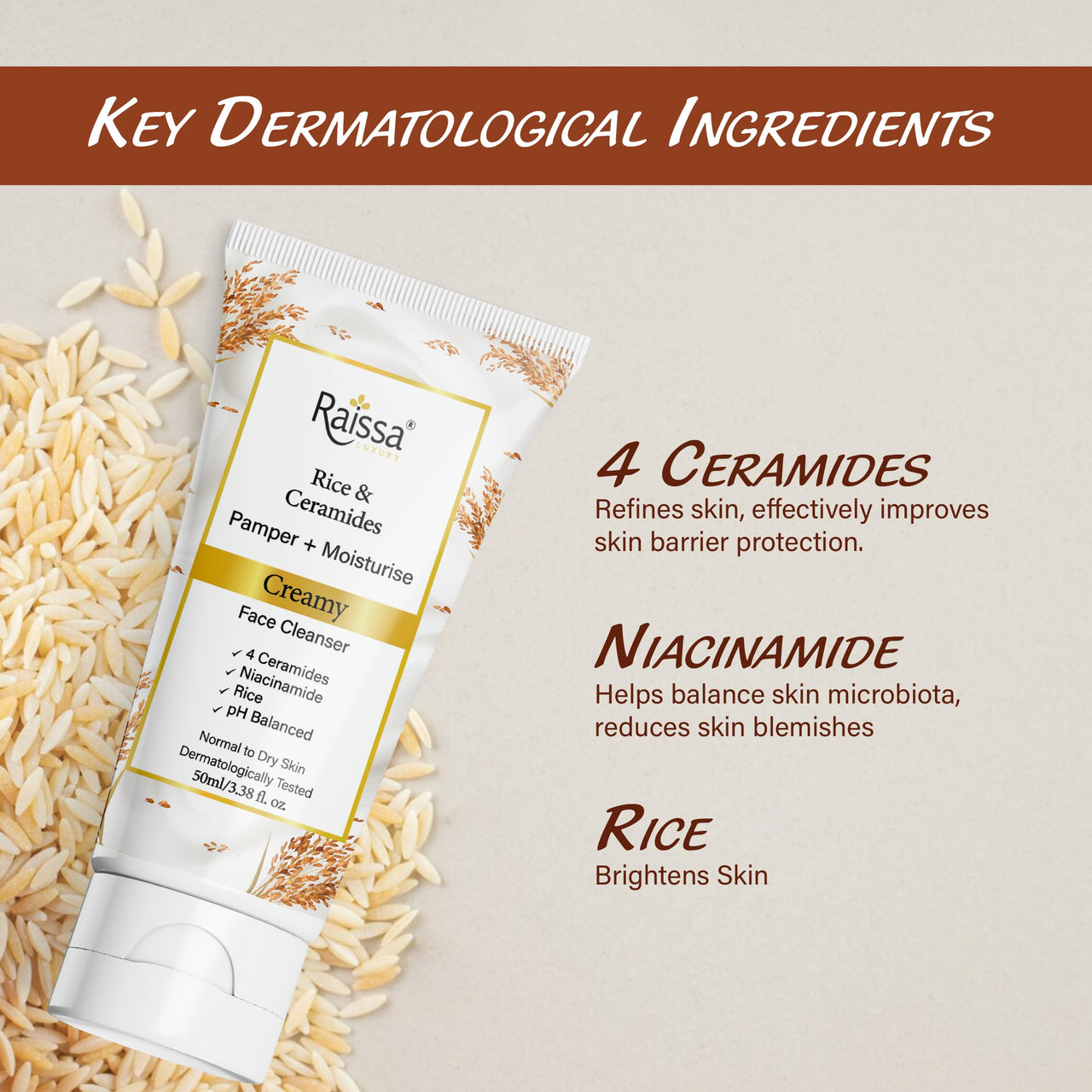 Raissa Luxury Rice & Ceramides Creamy Face Cleanser |Normal to dry Skin |Contains 4 Ceramides, Niacinamide, Rice Extract| pH Balanced, Clinically Tested, Non-irritant, Soap, Silicone, Paraben Free 50g