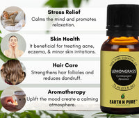 Earth N Pure Lemongrass Essential Oil | Steam Distilled | for Home Diffuser, Skin & Hair Care | 15 ML
