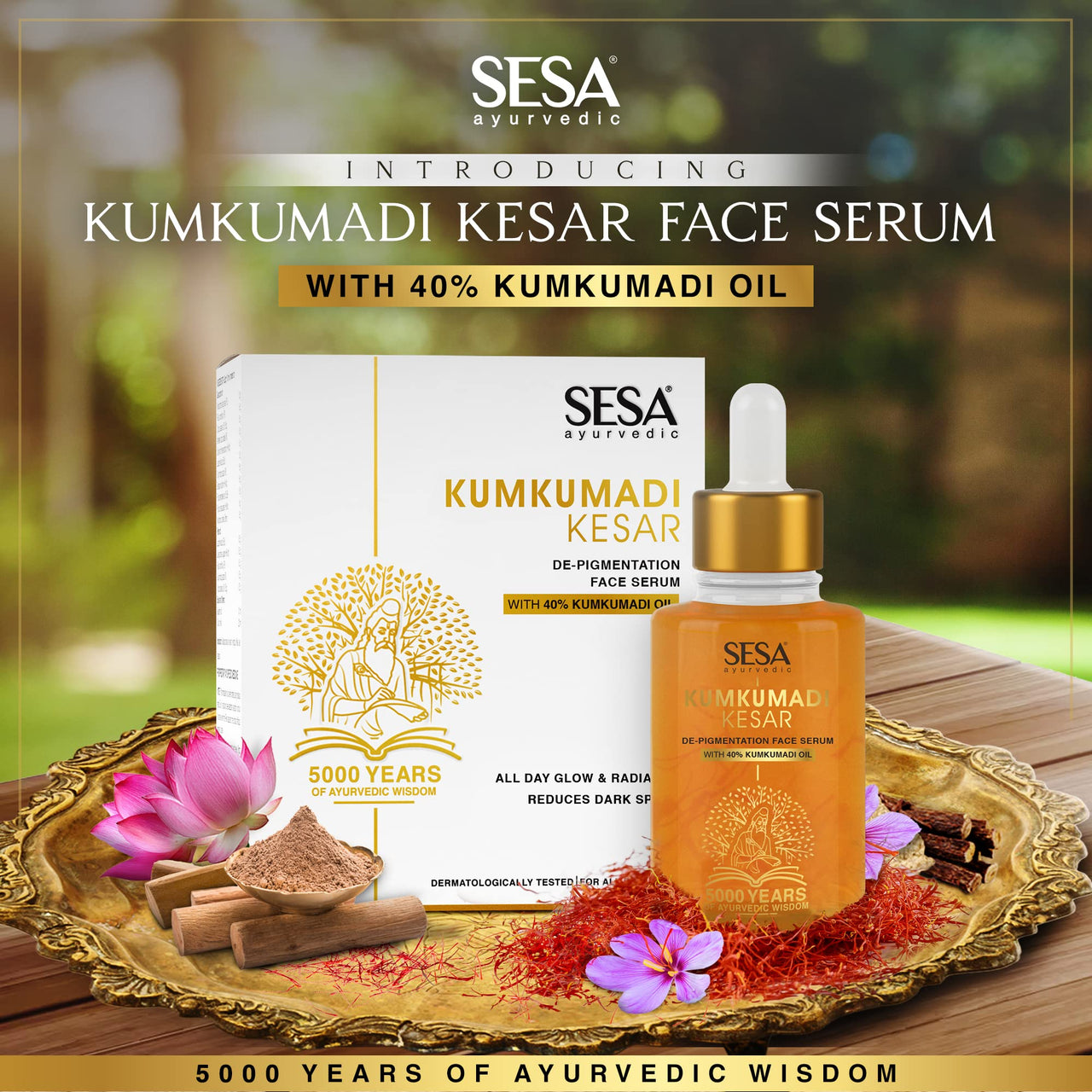 SESA Kumkumadi Face Serum 30ml for Radiant & Glowing Skin Made with 40% Kumkumadi Thailam Face Oil Repairs Dull & Damaged Skin Light Weight & Non Sticky Suitable for all Skin Types