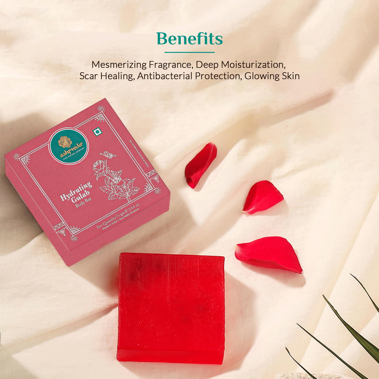 Ashpveda Hydrating Gulab Body Bar Handmade Bathing Soap for Skin Hydration & Nourishment with Rose & Coconut Oil (75g)