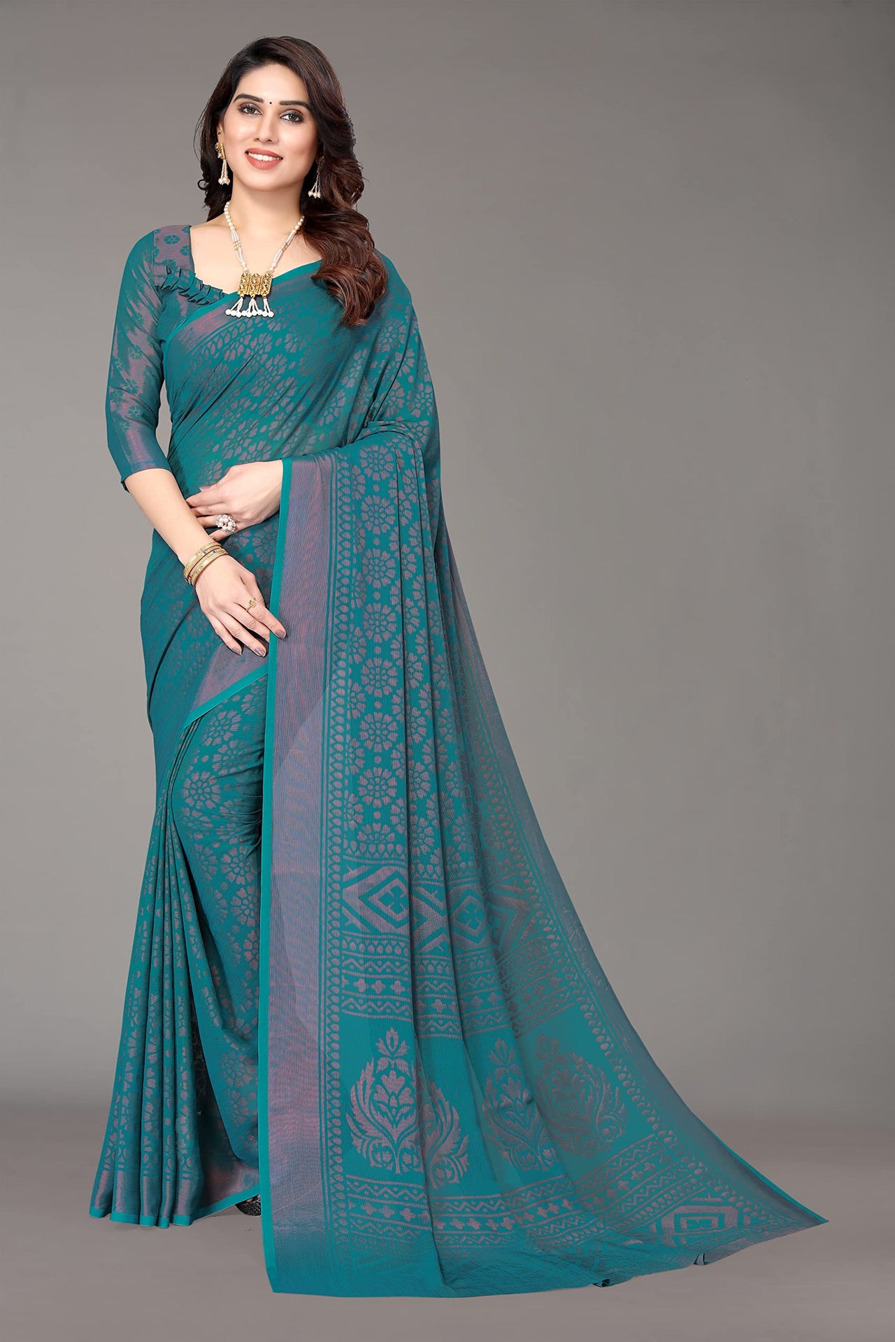 Winza Designer Women's  Chiffon Brasso Printed Saree with Blouse Piece (WDP Brasso Malini W)