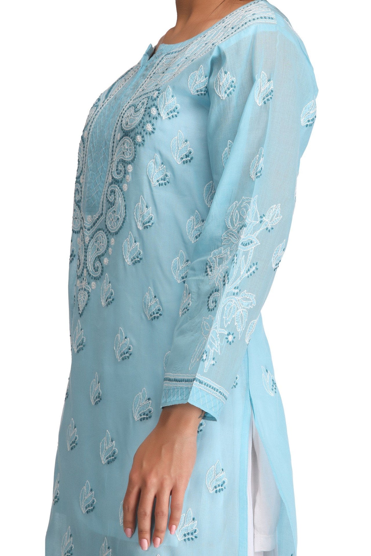 Ada Hand Embroidered Lucknowi Chikankari Straight Cotton Kurti Kurta for Women A220999 White 2XL