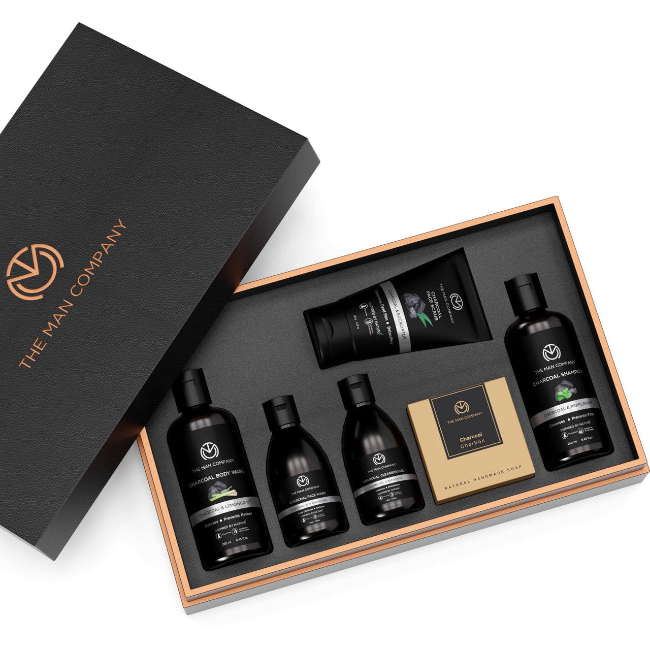 The Man Company Charcoal Grooming Kit for Men with Body Wash, Hair Shampoo, Face Scrub, Face Wash, Cleansing Gel, Soap Bar | Gift Set for Brother, Husband, Boyfriend - Pack of 6