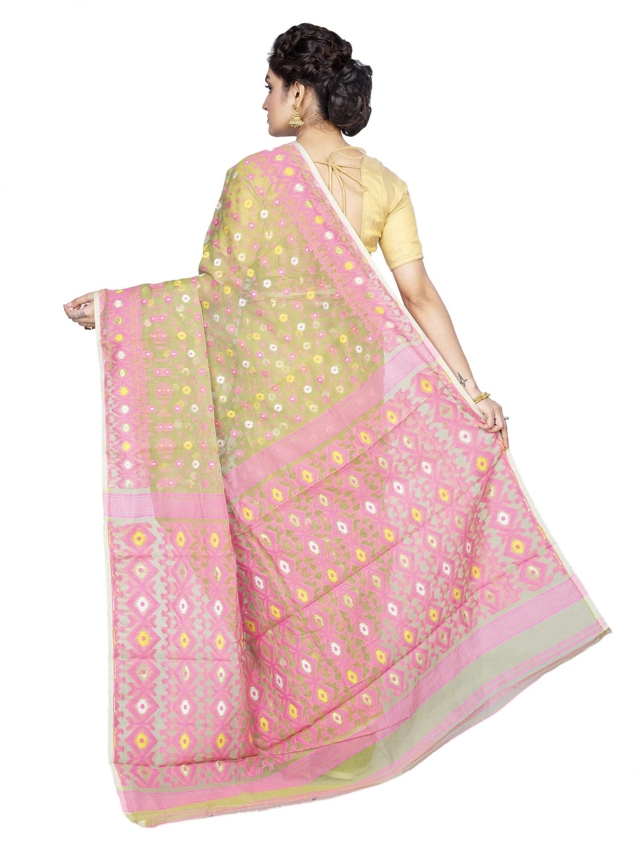 T.J. SAREES Women's  Jamdani Silk Blend Saree Without Blouse Piece