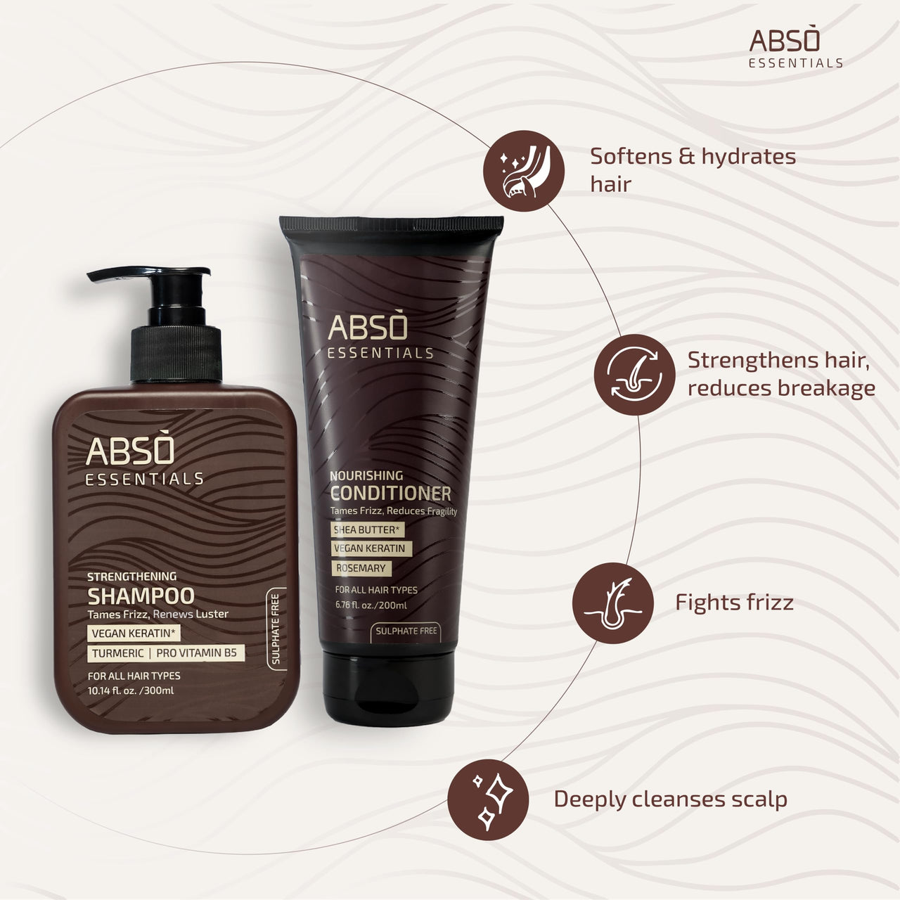 ABSO ESSENTIALS Combo Pack of Strengthening Shampoo and Nourishing Conditioner for Lustrous, Frizz-Free, Deep cleansing, Provides Strength, Soft and Smooth Hair (Shampoo -300ml+ Conditioner-200ml)