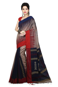 WoodenTant Women’s Ikkat Cotton Silk Saree In Pink with White Cotton Thread work