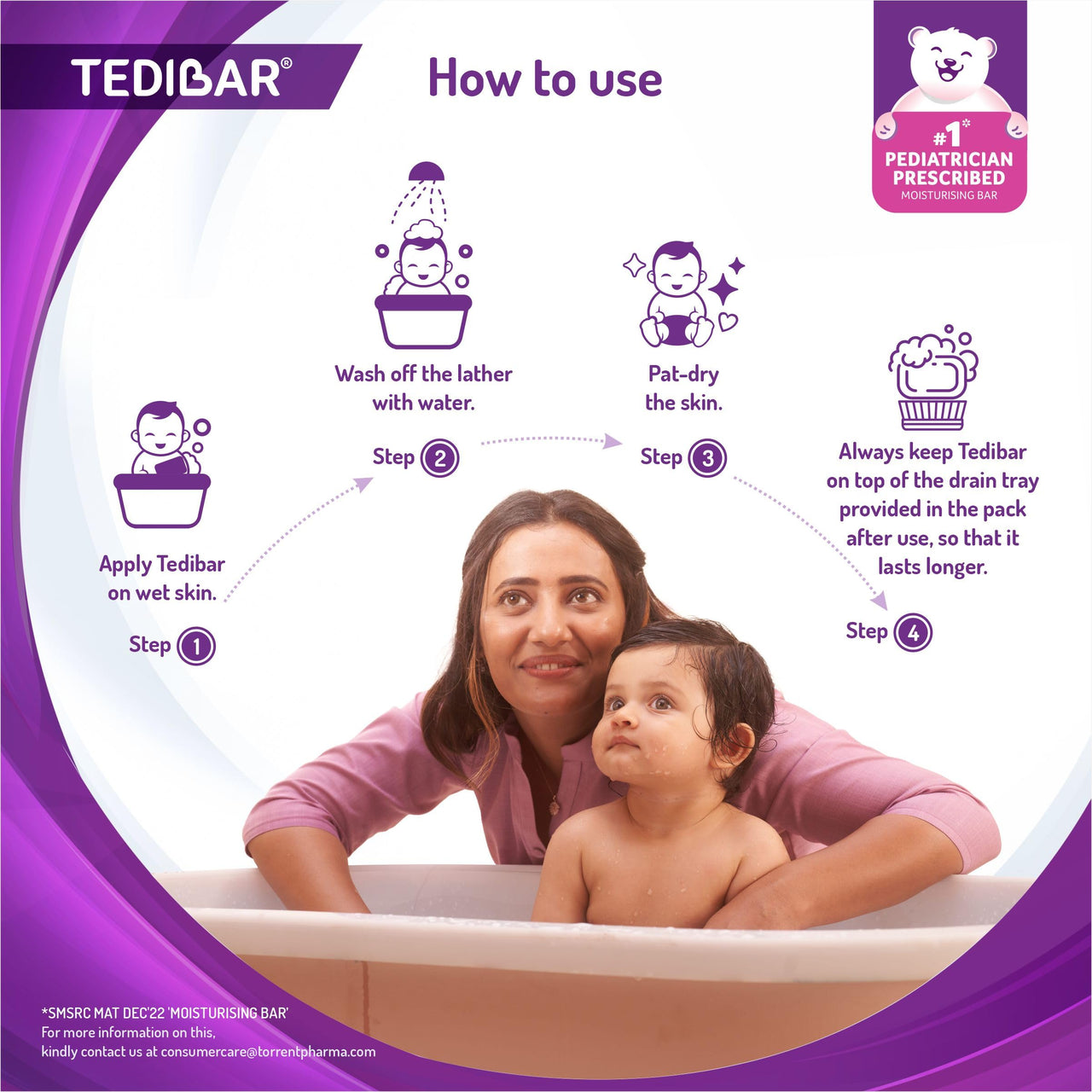 Tedibar Rich Moisturising Baby Body Wash 250ml with Skin Friendly PH | 100% Soap & Alkali Free With Tedibar Moisturising Baby Bathing Bar 75g(Pack of 1) with Skin Friendly PH- By Torrent Pharma