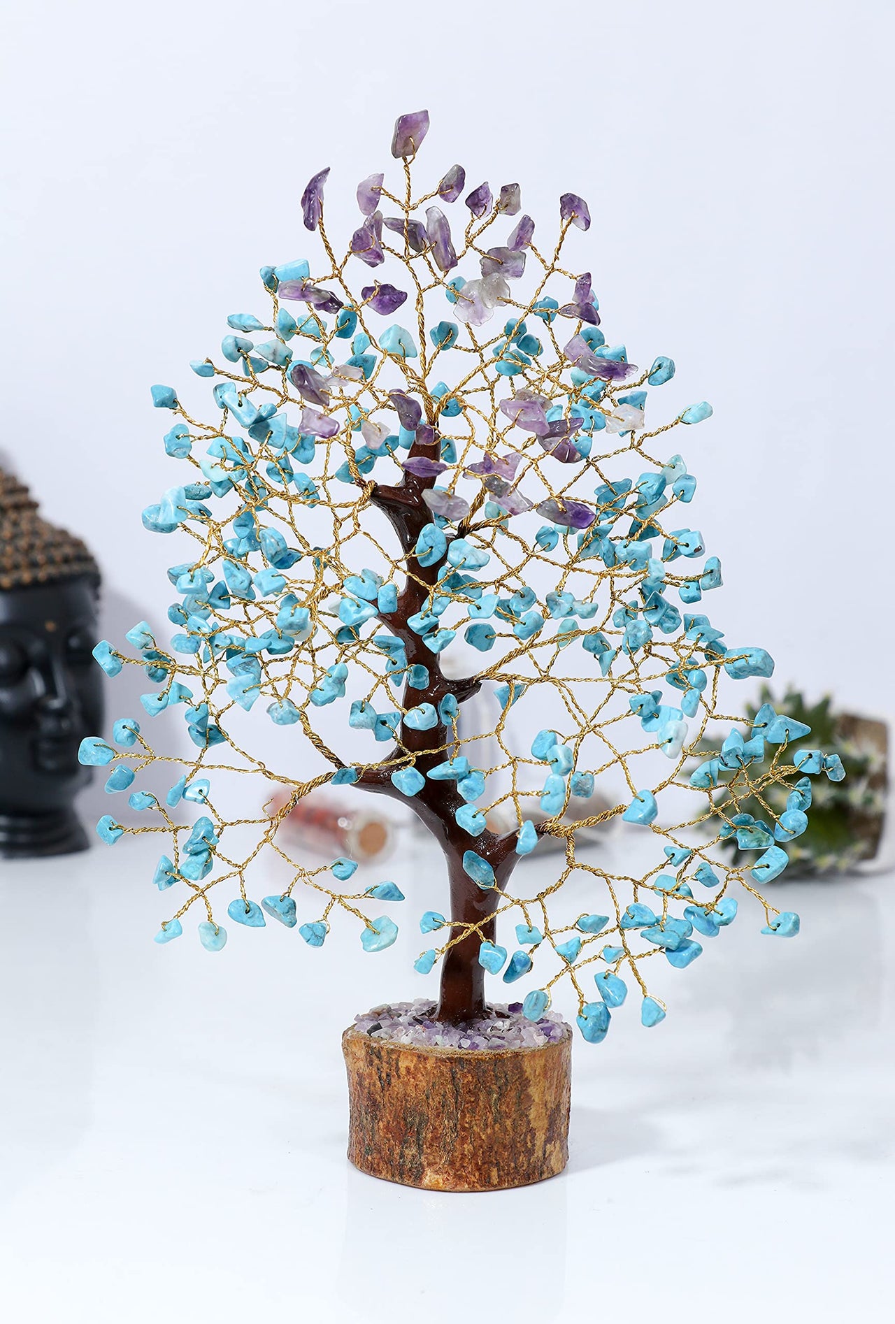 Amethyst & Turquoise Gemstone Tree, Crystal Tree of Life, Feng Shui Bonsai, Money Tree, Healing Tree - Home Decoration, Good Luck Figurine, Gem Tree for Positive Energy, Chakra Tree of Life, Gift Amethyst + Turquoise (Copper Wire)