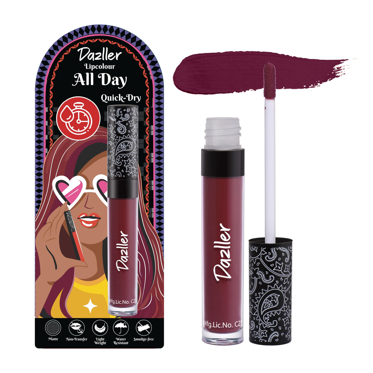 Dazller All Day Lip Colour Quick Dry | Long-Stay | Lightweight | Matte Lipstick for Women | Enriched with Kokum Butter 6g (QDLC032 - Dark Rosewood, Quick Dry)