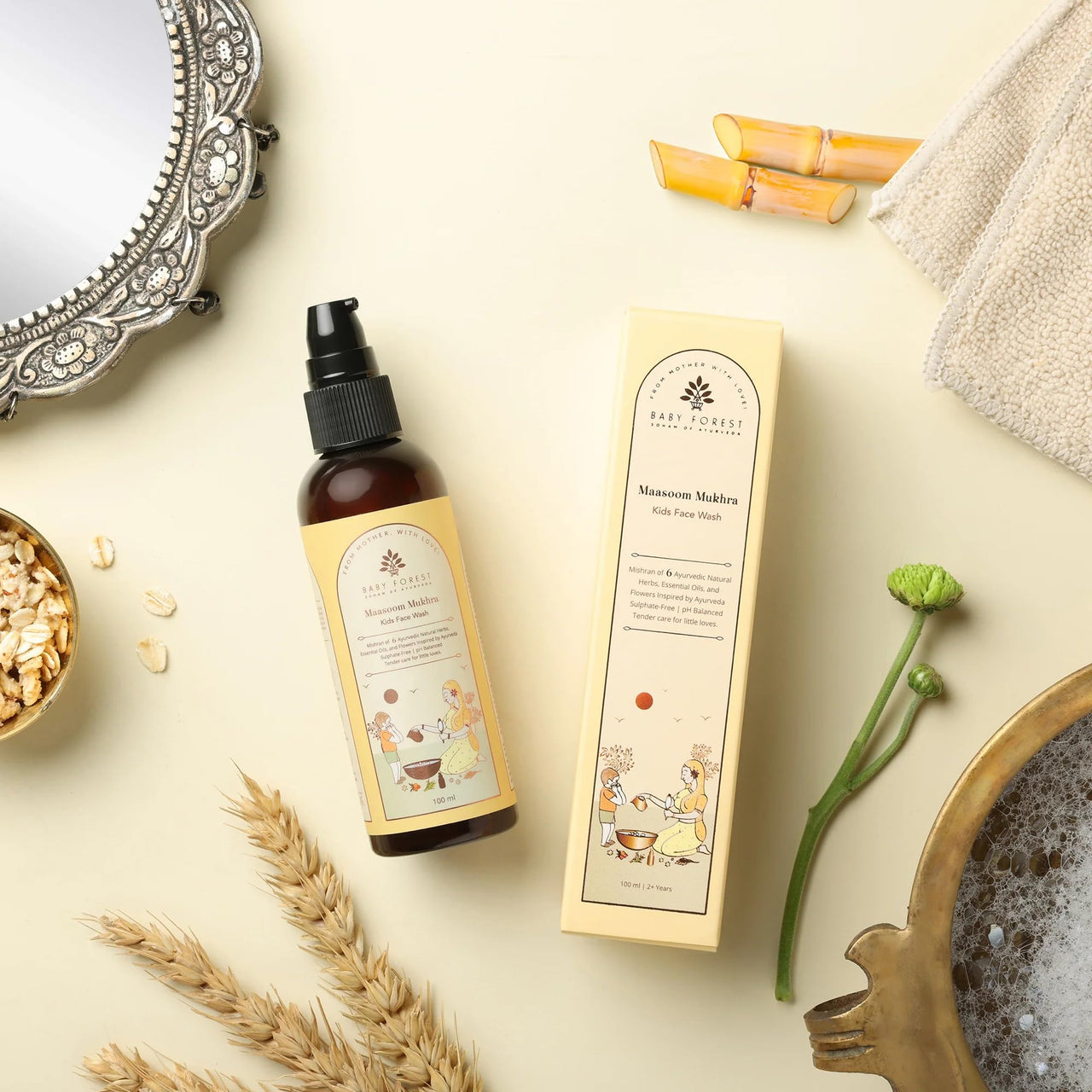 Baby Forest Maasoom Mukhra Ayurvedic Kids Face Wash | Mixture of 6 Ayurvedic Natural herbs, Essential Oils & Flowers | Vegan & Sulphate-Free | Derma Safe | Suitable for Age 2+ Years | 100 ml