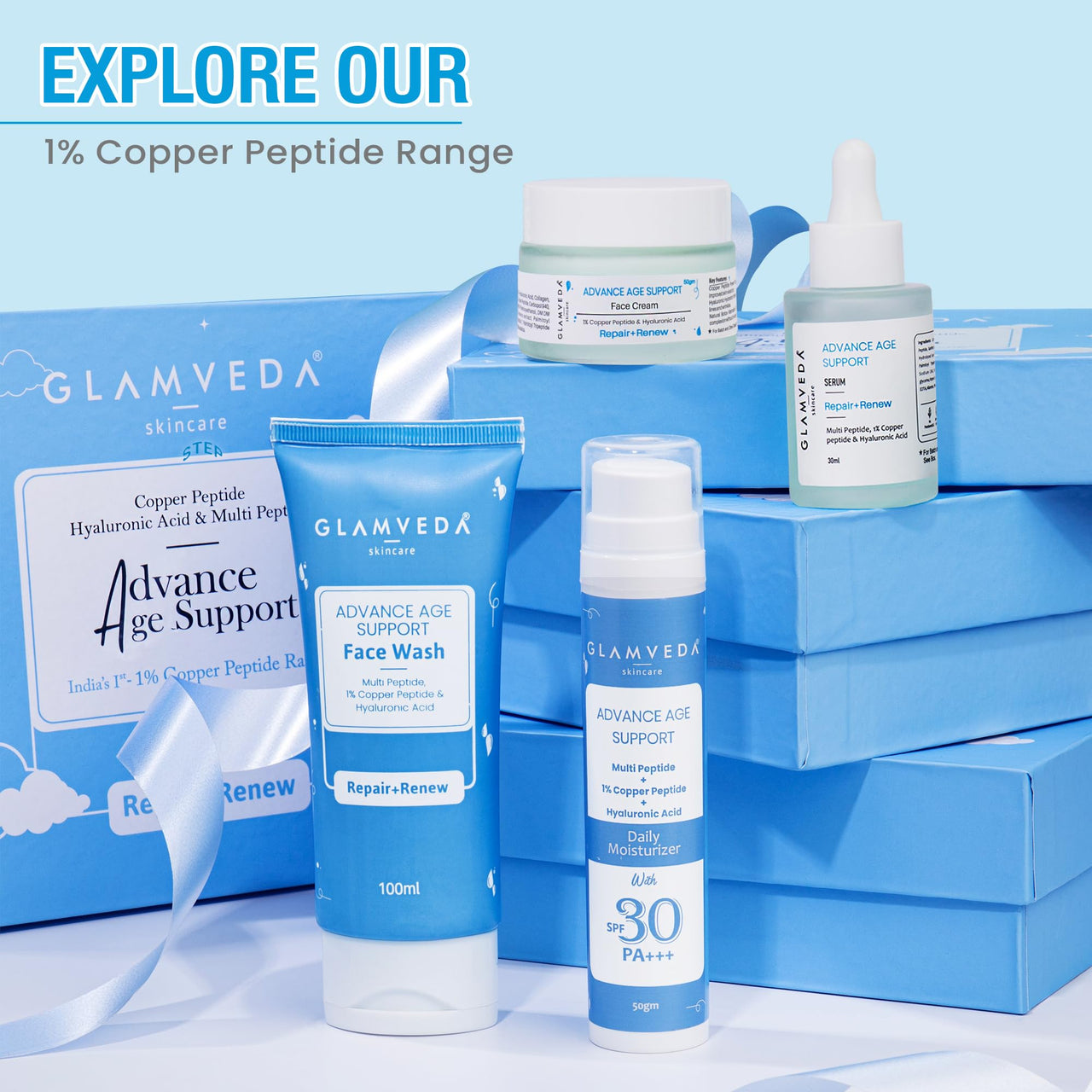 Glamveda 1% Copper peptide Advance Age Support Sunscreen SPF 30 +++ for Men and Women with Centella Asiatica | Broad-spectrum Sunscreen with Advanced Blue Light Filter | UVA/UVB Protection | 50gm
