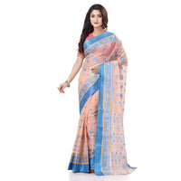 dB DESH BIDESH Women`s Traditional Bengal Phulkoli Woven Design Pure Handloom Cotton Saree Without Blouse Piece White Red