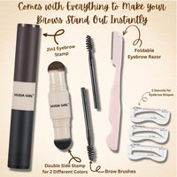 HUDA GIRL Dual Color 2in1 Hairline Powder & Eyebrow Filler for Women, Instant Hair Touch Up & Eyebrow Shaper Kit including Brow Stick Black & Brown with Razor, 2pcs Brush & 3 Brow Stencils