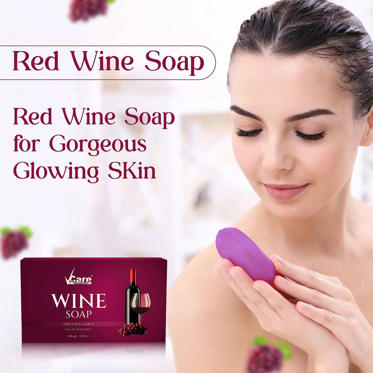 VCare Red Wine Bathing Bar/Soap for Body, Hand, Face 100 gm - Helps to Reduce Fine Lines and Wrinkles for Men and Women (Pack of 10)