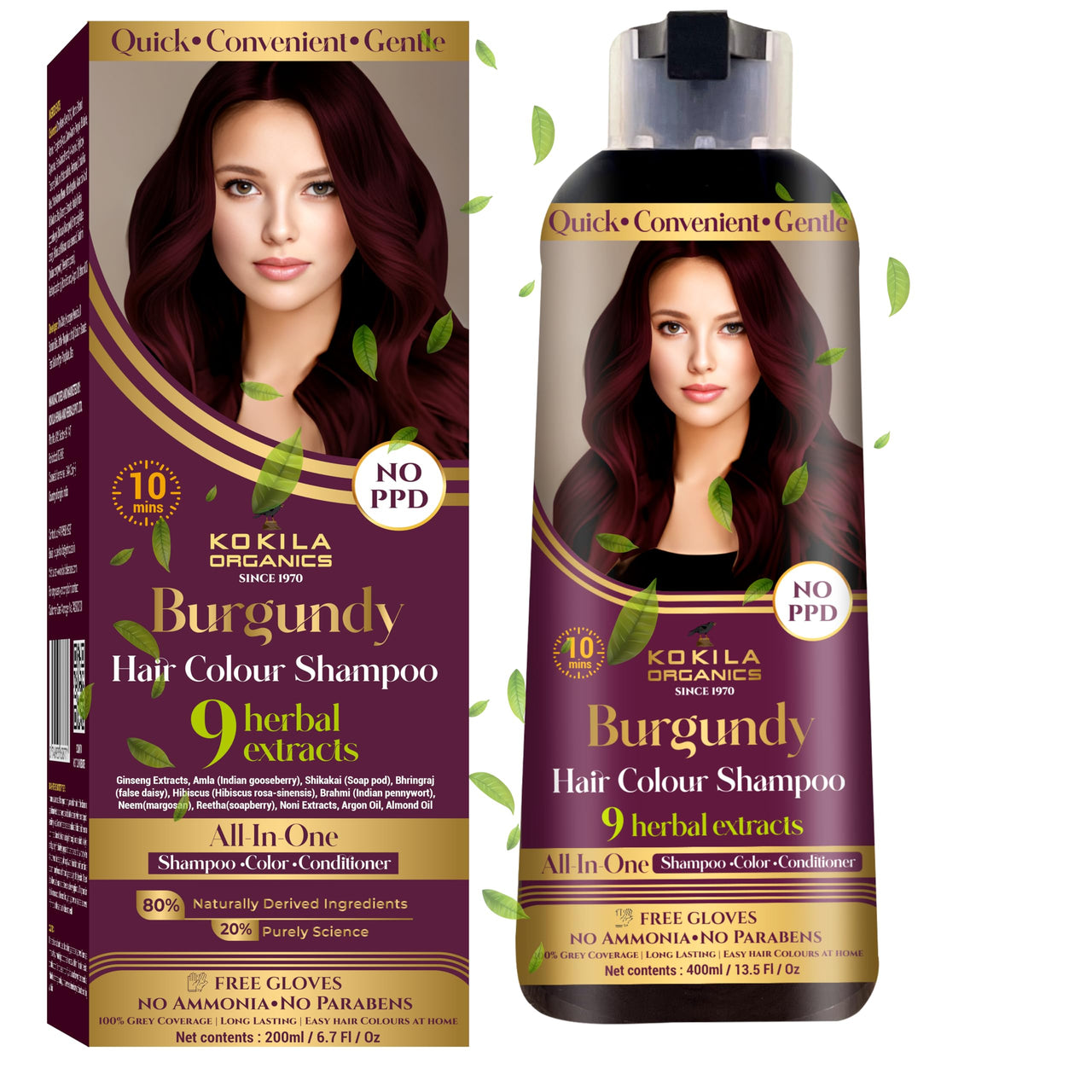 Kokila NO PPD Shampoo Hair Colour - Burgundy 400ml for Women and Men | Natural Extracts | Colours Hair in 10 Minutes | Ammonia Free, Paraben Free - 10 Pair Free Gloves