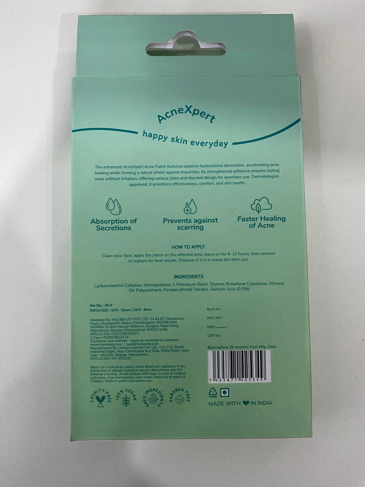 Moody Acnexpert Pimple Patches For Face With Salicylic Acid (0.5%), Hydrocolloid & Green Tea | Hydrocolloid Patch | Acne Removal |Acne Pimple Patch | Invisible Facial Stickers |Pimple Remover | Reduces Acne, (36 nos)