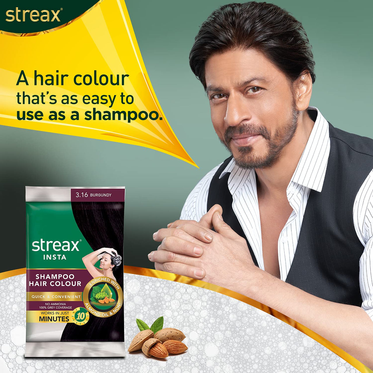 Streax Insta Shampoo Hair Colour for Men & Women, Burgundy, 18ml (Pack of 8) | Enriched with Almond Oil & Noni Extracts | Long-Lasting Instant Colour
