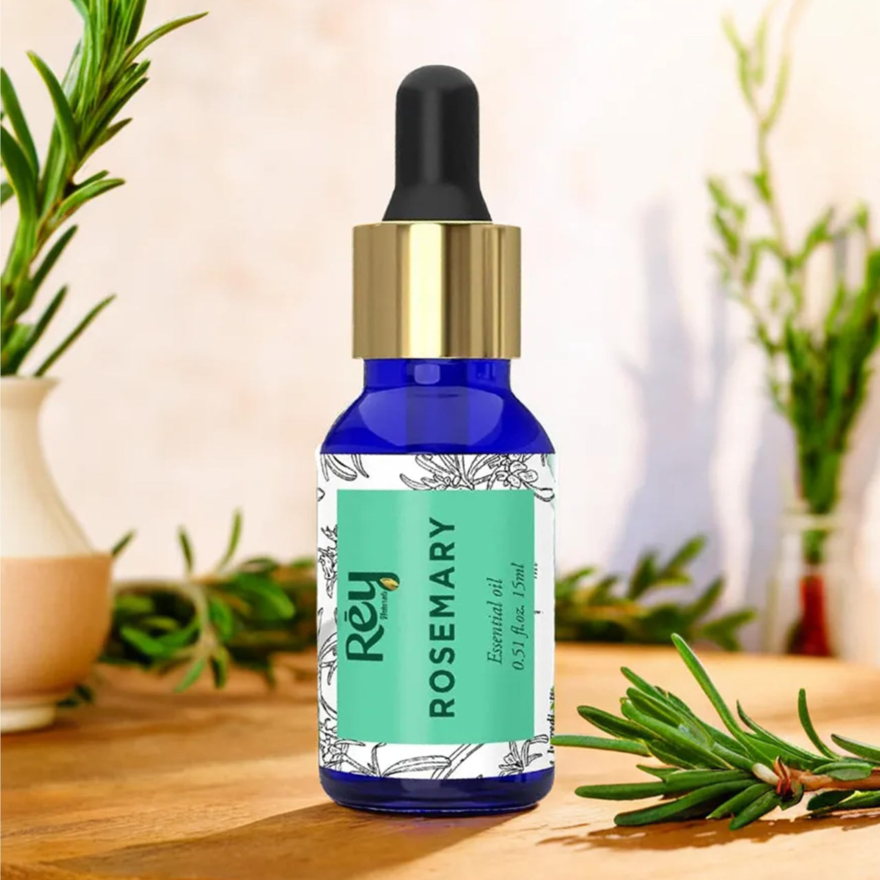 Rey Naturals Pure Rosemary Essential Oil For Hair Growth, Hairfall Control, Dandruff & Skin | Non Greasy Rosemary Oil for Skin, Body and Shiny Soft Hair | Hair Oil For Women & Men - 15ml