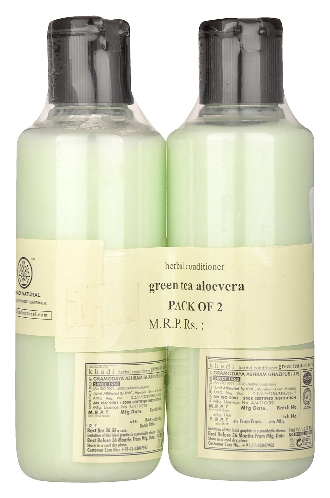 Khadi Naturals Green Tea & Aloe Vera Hair Conditioner | Restores Shine, Smoothness & Manageability | Tames Tangled Hair Naturally | Suitable for All Hair Types | Combo Pack- 210 ml each