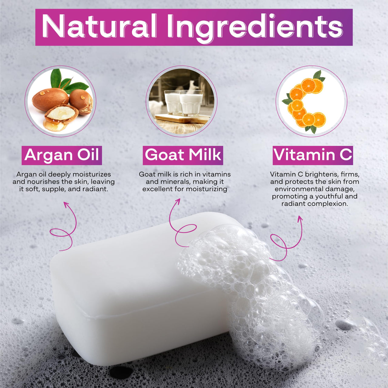 VCare Goat Milk Soap For Women & Men with Vitamin C Argan Oil for Deep Exfoliation and provides hydration | Sulfate & Paraben Free Bathing Soap Bar - 75 gms (Pack of 5)