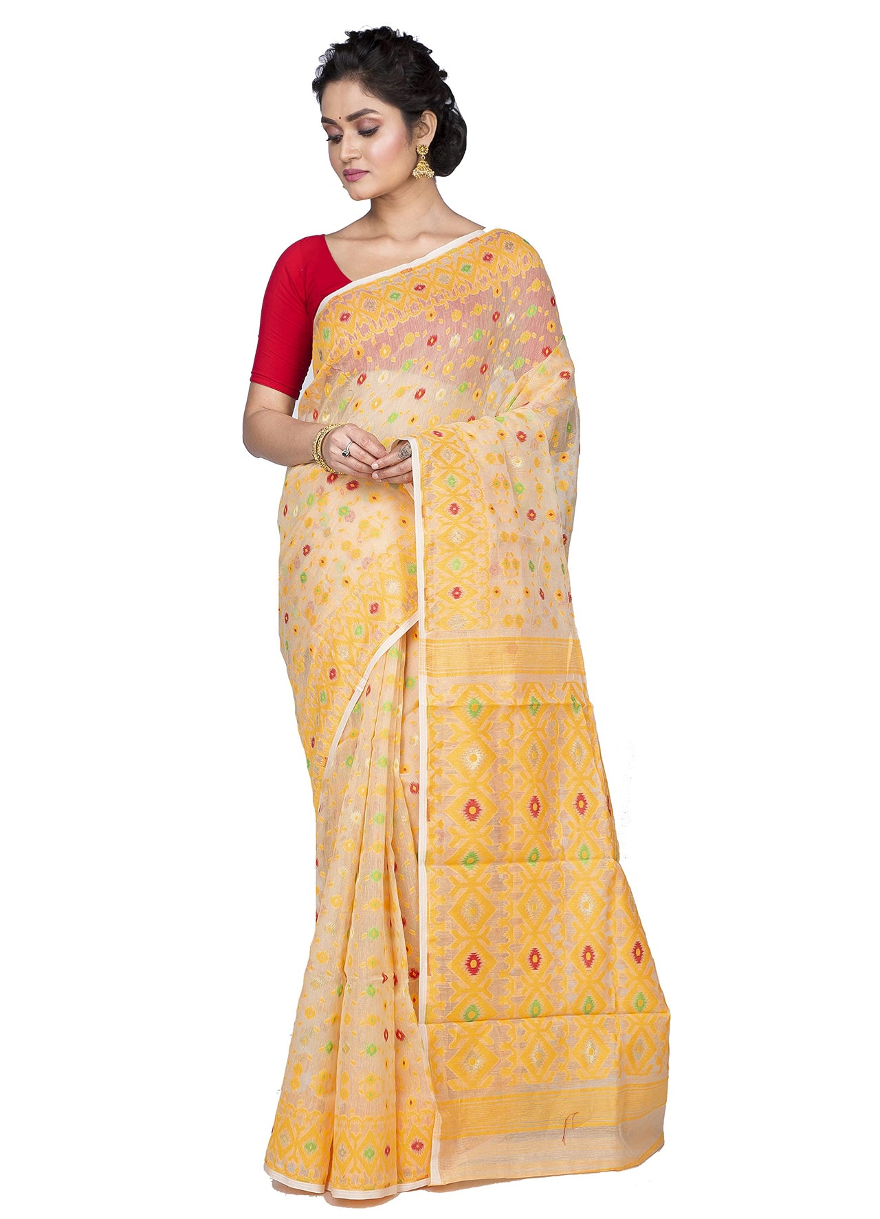 T.J. SAREES Women's  Jamdani Silk Blend Saree Without Blouse Piece