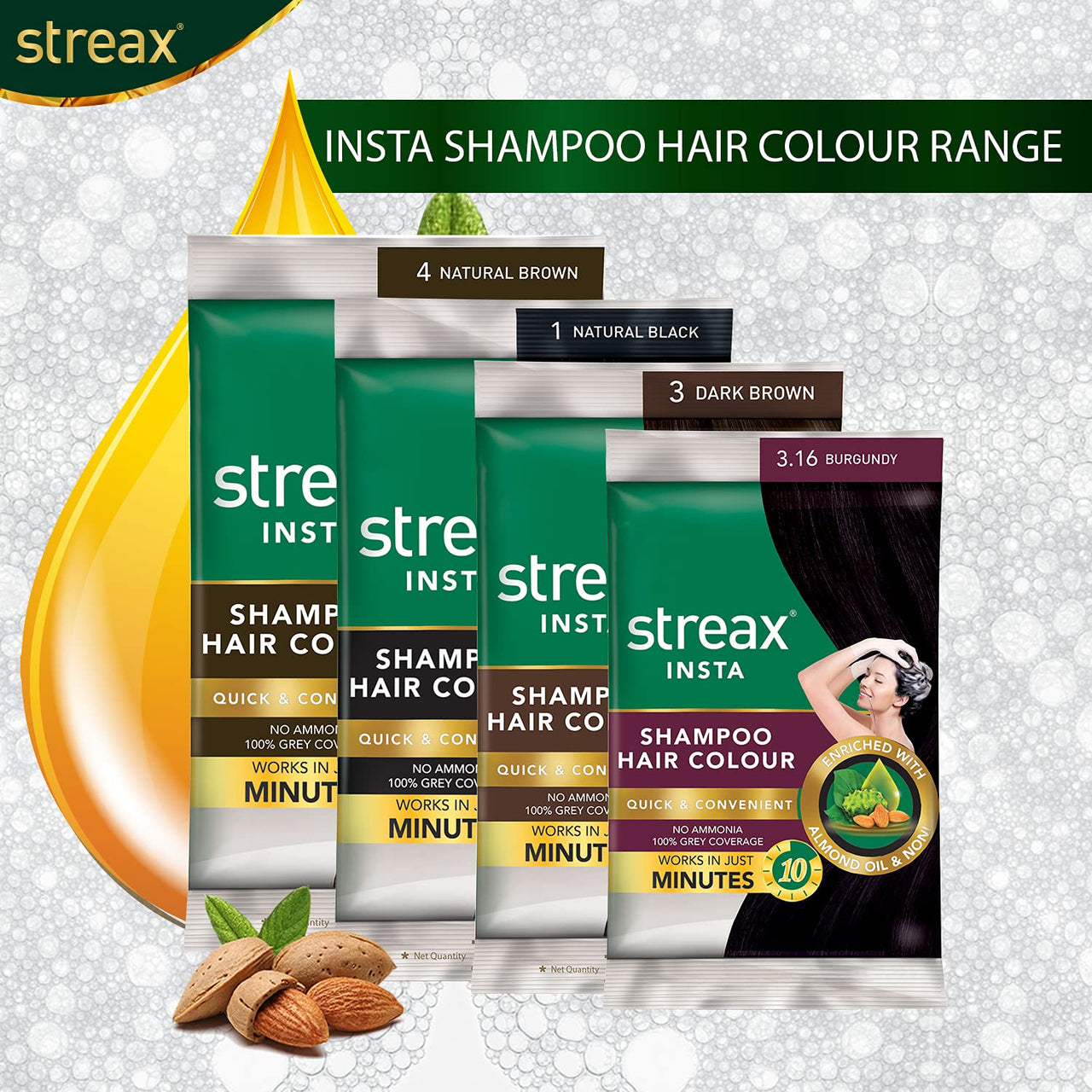 Streax Insta Shampoo Hair Colour for Men & Women, Burgundy, 18ml (Pack of 8) | Enriched with Almond Oil & Noni Extracts | Long-Lasting Instant Colour