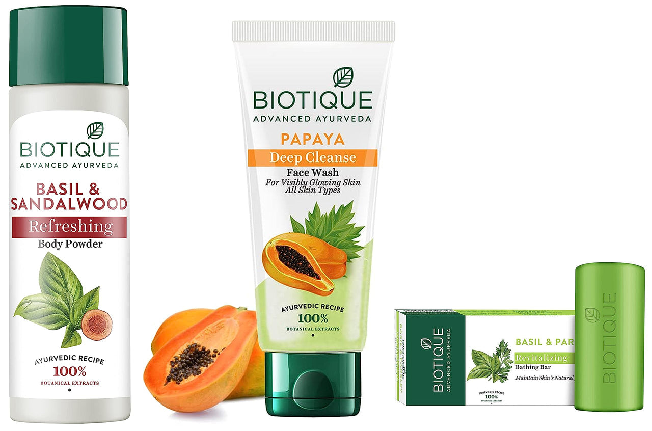 Biotique Bio Basil and Sandalwood Refreshing Body Powder, 150g & Biotique Papaya Deep Cleanse Face Wash All Skin, 150ml & Biotique Basil And Parsley Revitalizing Body Soap, 150g