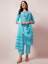 SOURBH Women's  Stylish Straight Fit Cotton Ethnic Block Motif Printed Kurta Set with Trouser Pant and Dupatta