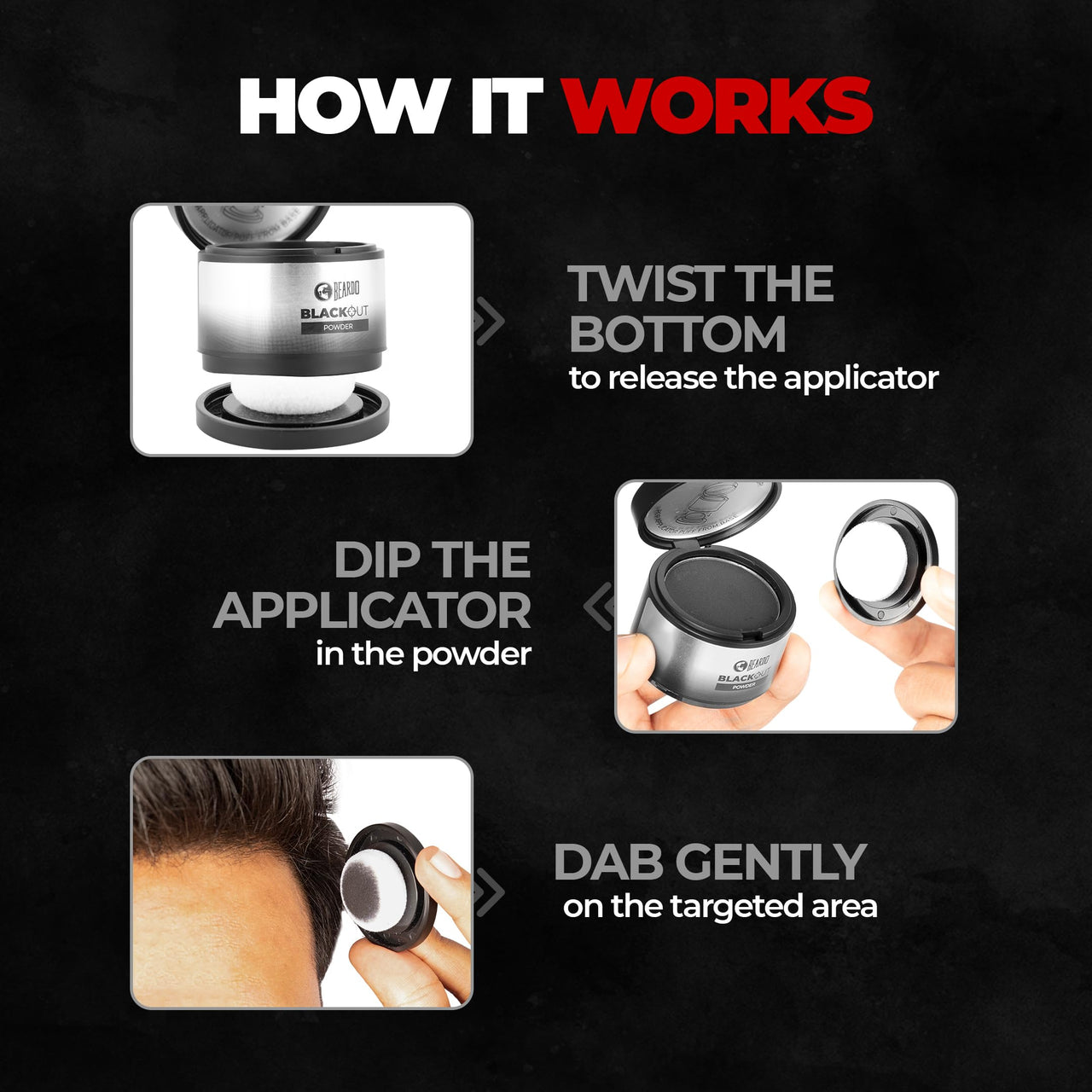 Beardo Blackout Hair Powder 4g - Black | Root Touch Up for Grey Hair | Instantly Covers Grey Roots, Beard Patches & Bald Spots | Thick Black Fiber Hairline Powder | Highly Pigmented, Long-Lasting & Matte Finish | Super-Fine Cover-up