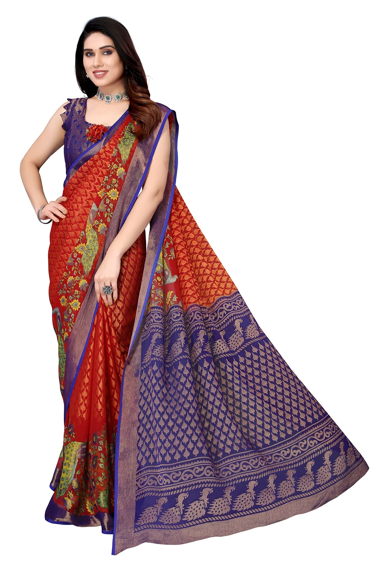 Winza Designer Women's  Chiffon Brasso Floral Printed Saree with Blouse Piece