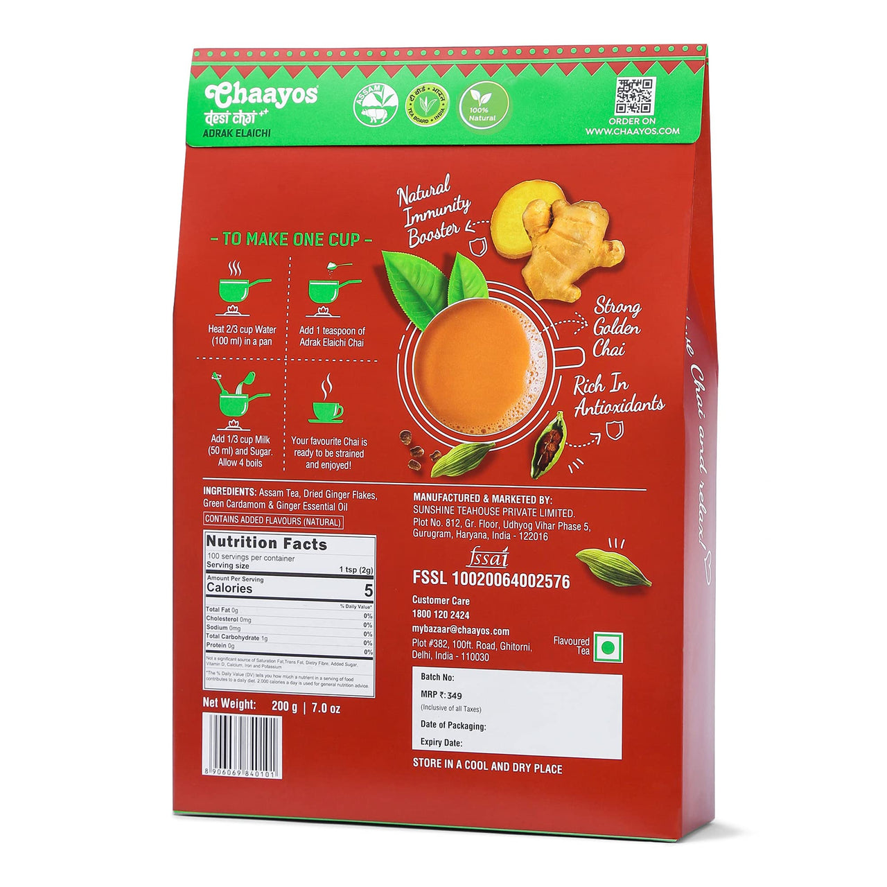 Chaayos Adrak Elaichi Tea (Ginger and Cardamom) - Premium Desi Chai Patti for Authentic Masala Flavour | Immunity Booster- 200g [100 Cups]