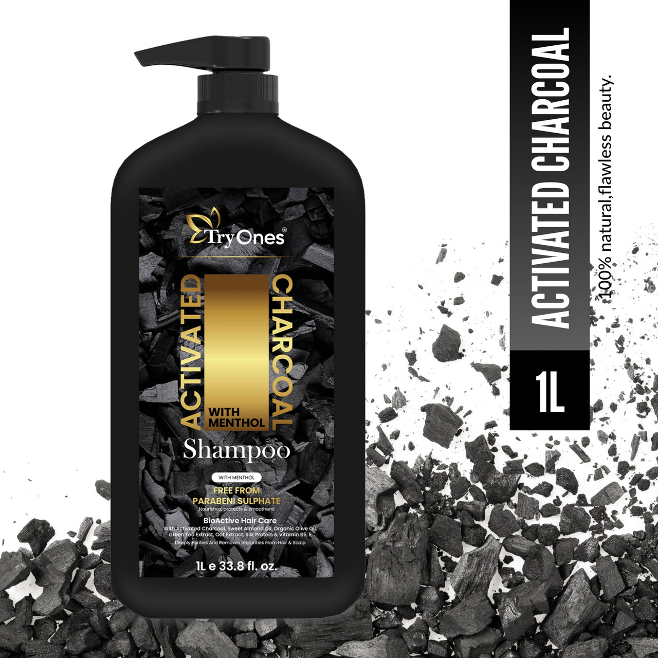 TryOnes Activated Charcoal Hair Shampoo for Men & Women with Keratin (No Sulphate, Parabens or Silicons), Eliminate Dandruff, Improve Hair Growth_1000 ml