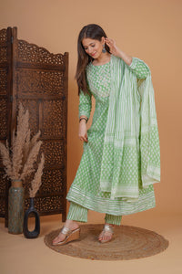 MEERA FAB Women's  Cotton Printed Zari Embrodriery Anarkali Kurta with Palazzo & Dupatta