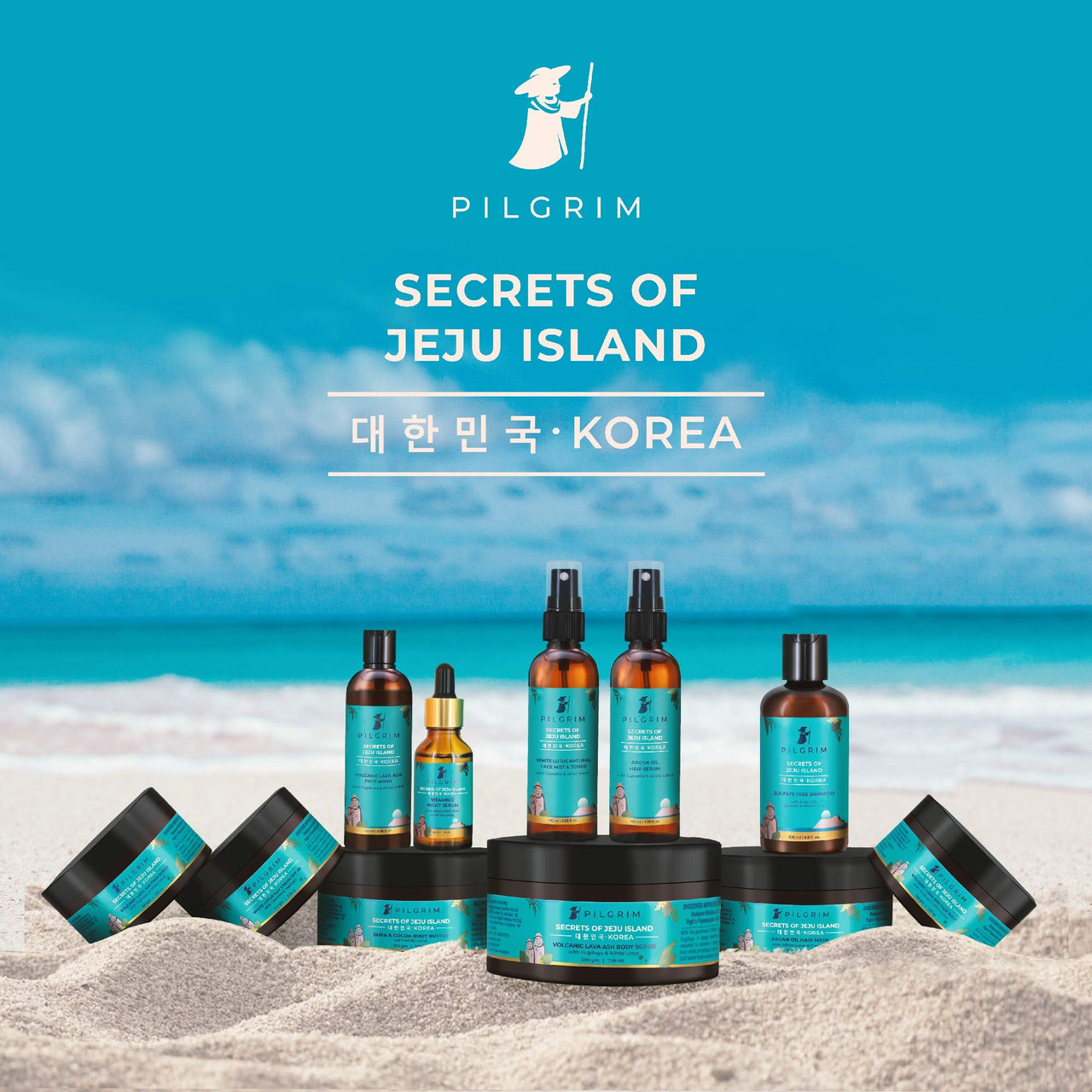 Pilgrim Jeju Rejuvenating Skin Set | Nourishing | Moisturising | Natural Exfoliator | Face Wash 100ml, Face Scrub 100gm, Day Cream Tinted SPF 50 100gm | All Skin | Men,Women | Vegan | Korean Beauty Secrets