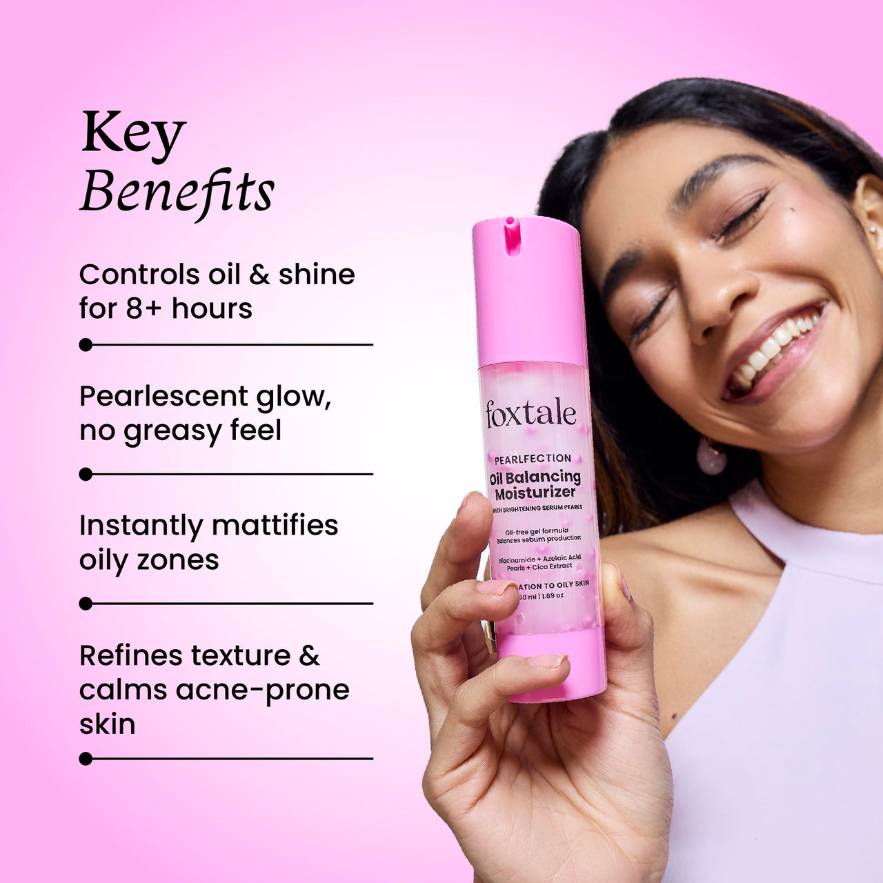 Foxtale Oil Balancing Moisturizer with Niacinamide, Azelaic Acid Pearls & Cica | 8+ Hours Shine-Free Hydration, Pearlescent Glow, Smooth Texture | Lightweight & Non-Comedogenic | 50ml