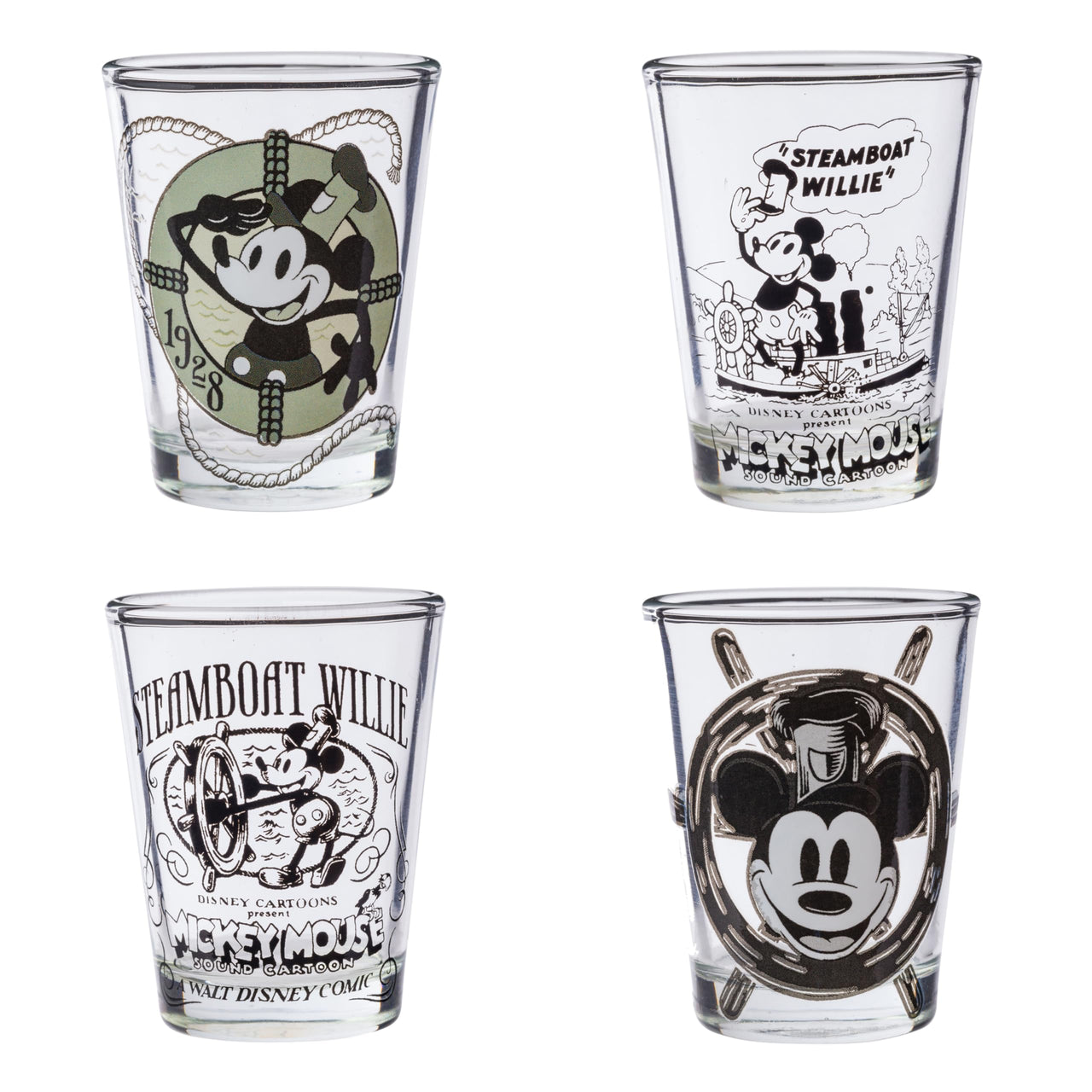 Silver Buffalo Disney 100 Classic 1928 Steamboat Mickey Vintage Sketch Mini Glasses 4 Pack, 1.5 Ounces