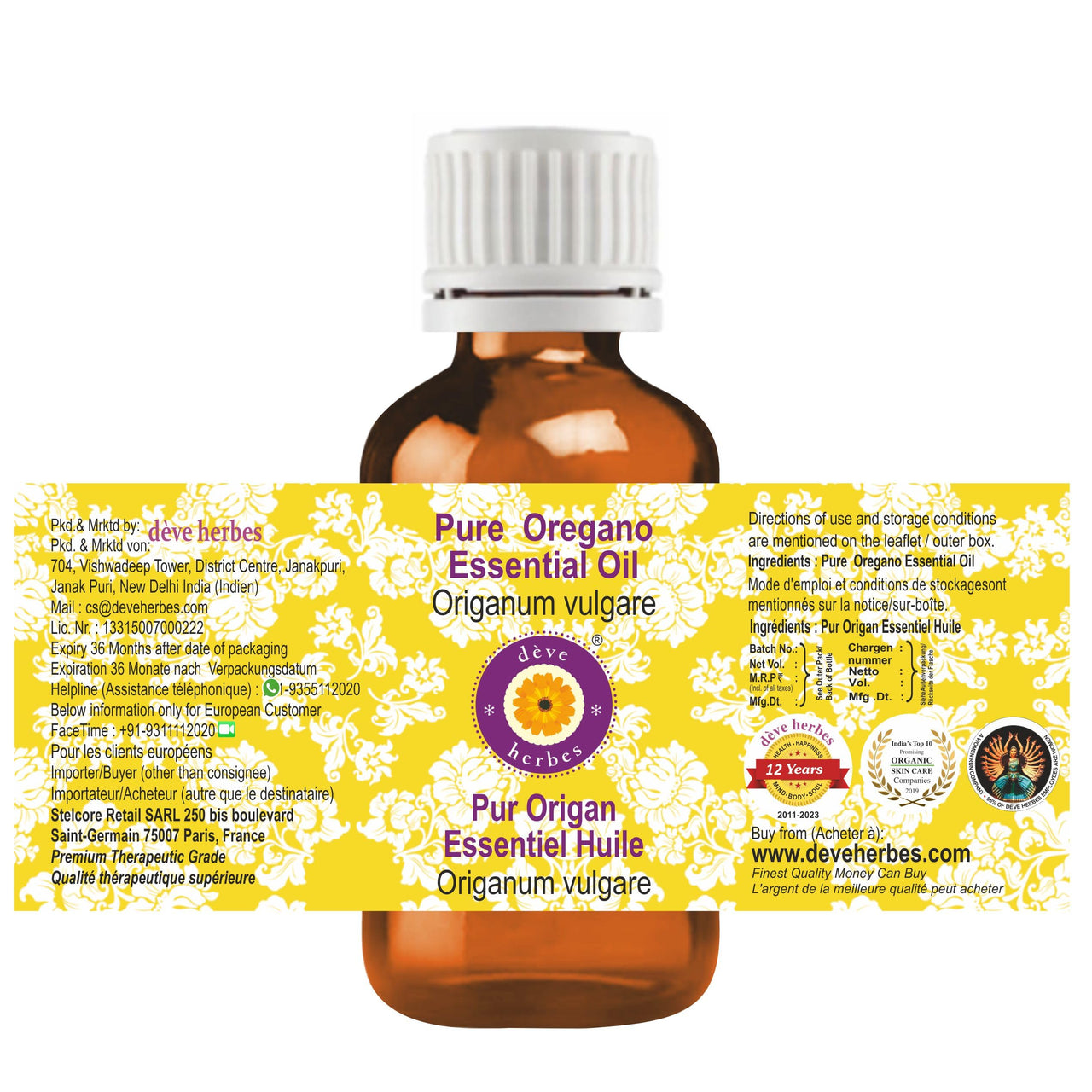 Deve Herbes Oregano Essential Oil (Origanum vulgare) Pure | Non-Sticky | Non-greasy | Lightweight | Men & Women | All Skin Types | Steam Distilled 15ml