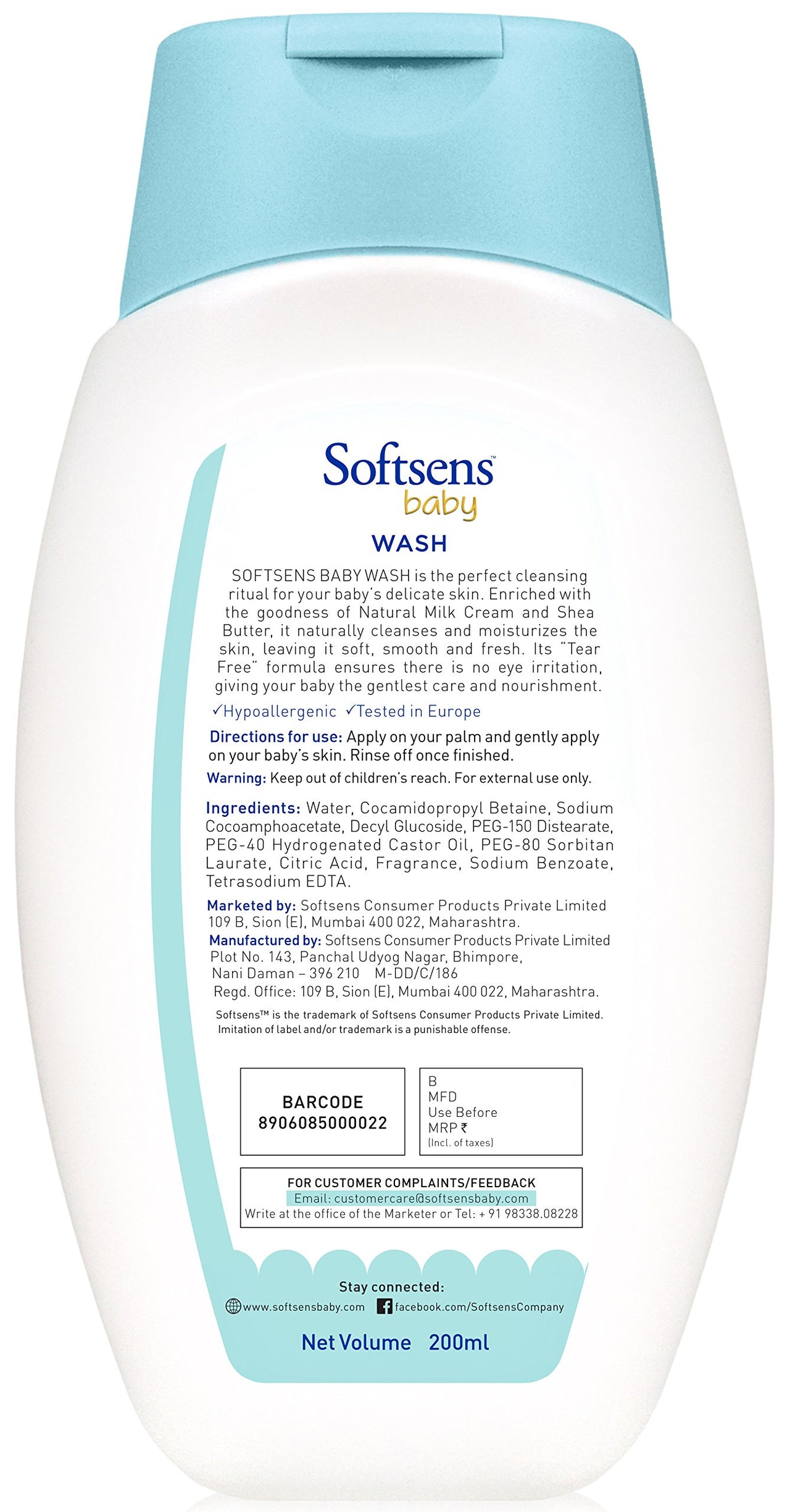 Sotftsens Baby TEAR FREE Baby Wash with natural milk cream & shea butter 200ml (Pack of 1)